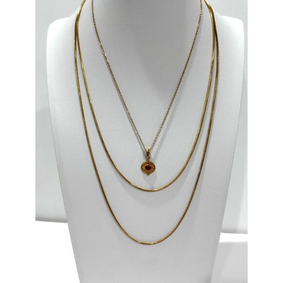 Tarnish Resistant Multilayer 2 Necklaces Adjustable Gold Red Natural Stone Charm - Picture 1 of 8